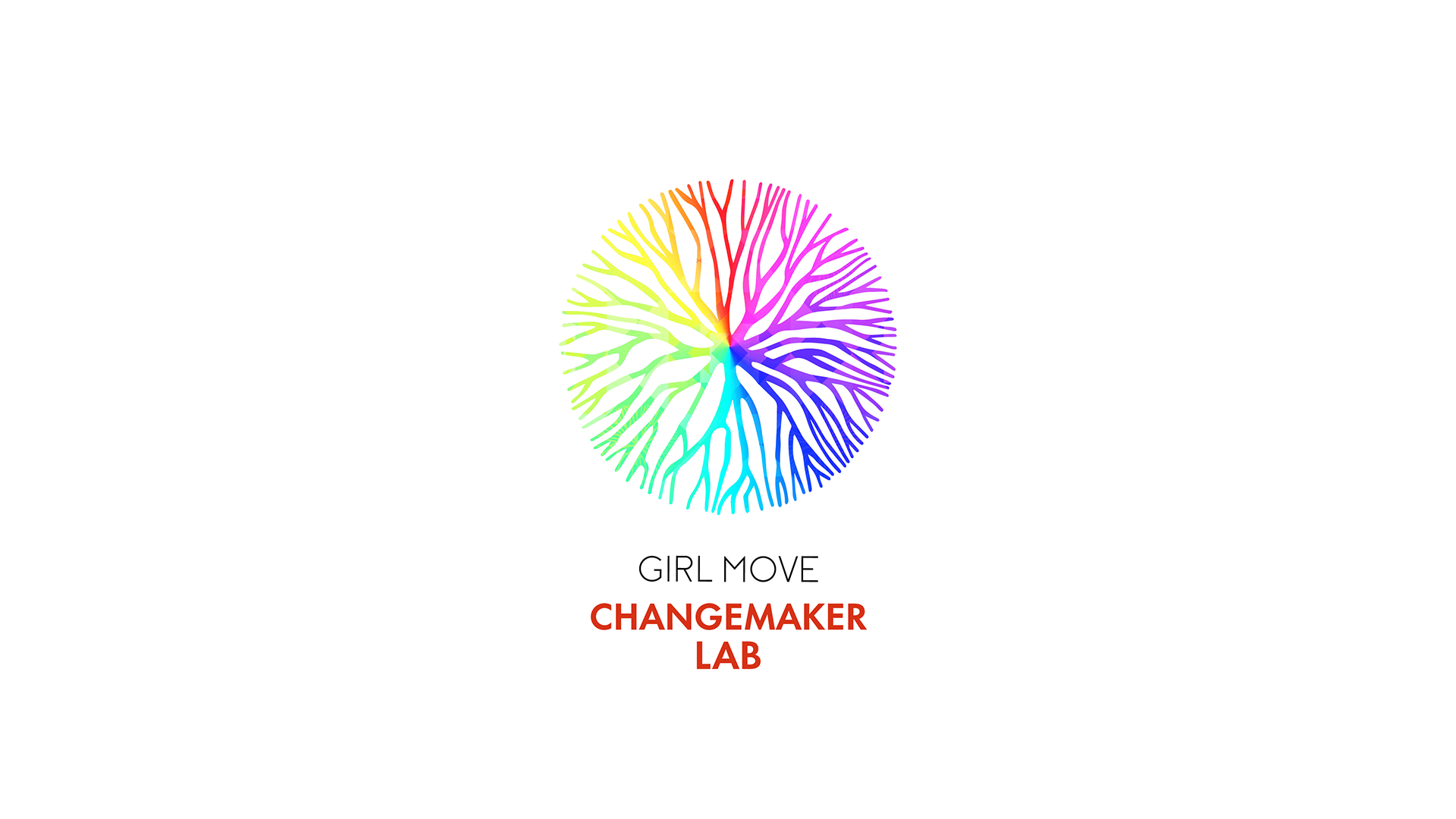 Logótipo redondo, colorido, com uma espécie de raízes no seu interior. Abaixo diz " Girl move. Changemaker lab".