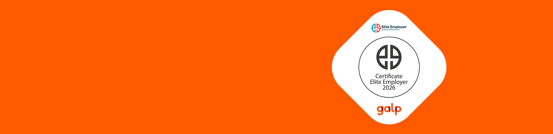 Banner promocional da Galp com fundo laranja e selo de certificação Elite Employer 2026 em destaque. A imagem comunica o reconhecimento da Galp como empregador de excelência, atribuído pelo programa Elite Employer da Tempus Global Group.
