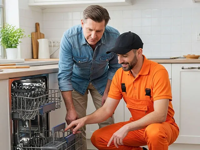 Técnico de reparações de fato laranja agachado a verificar uma máquina de lavar loiça aberta, enquanto o cliente observa numa cozinha branca; caixa de ferramentas no chão.
