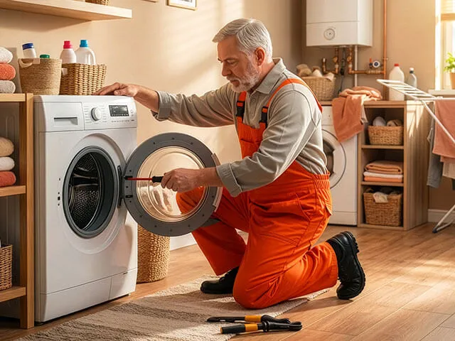 Técnico de reparações de macacão laranja ajoelhado a inspecionar uma máquina de lavar roupa com a porta aberta, numa lavandaria doméstica com prateleiras de toalhas e detergentes.