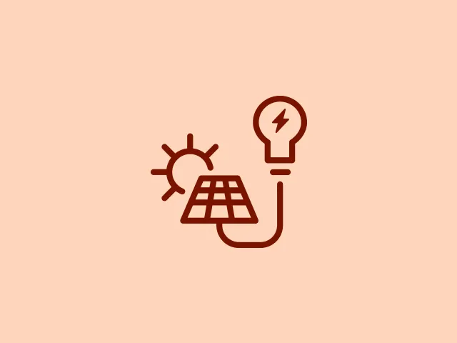 Ícone ilustrativo em laranja com um painel solar ligado a uma lâmpada e um sol, representando energia solar e electricidade.