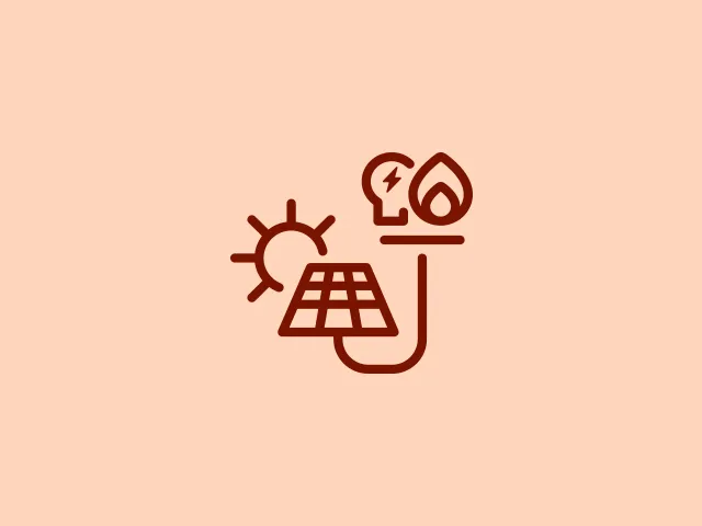 Ícone ilustrativo em laranja com um painel solar, um sol, uma lâmpada e uma gota, representando energia solar, electricidade e gás.