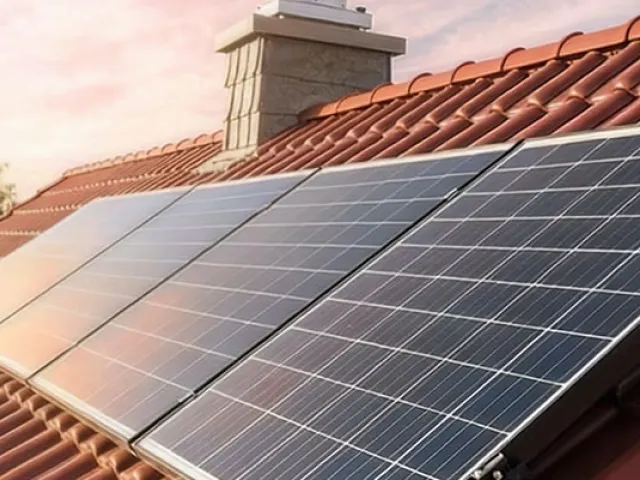 Painéis solares instalados num telhado de telha vermelha, com uma chaminé visível e árvores ao fundo.