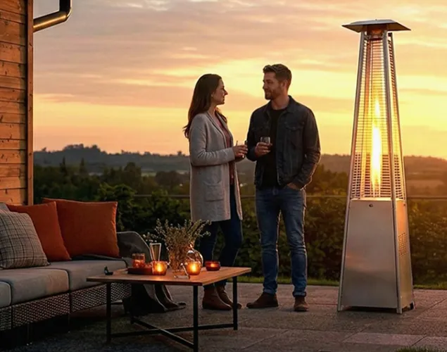 Casal a ver o pôr do sol junto a aquecedor de exterior