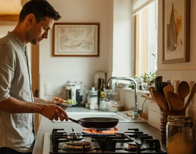 Fotografia de um senhor numa cozinha a cozinhar ao fogão. Agarra uma frigideira com a mão direita e um prato com legumes com a mão esquerda.