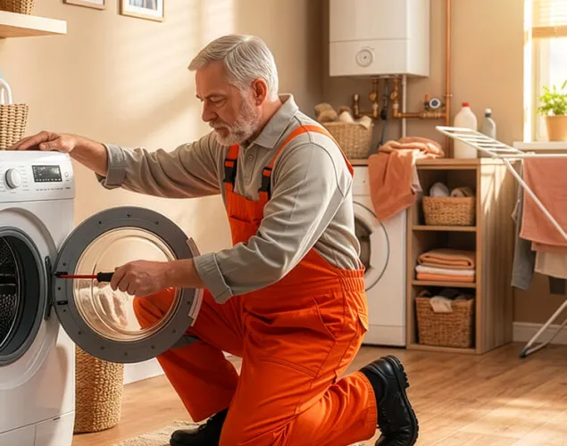Técnico de reparações de macacão laranja ajoelhado a inspecionar uma máquina de lavar roupa com a porta aberta, numa lavandaria doméstica com prateleiras de toalhas e detergentes.