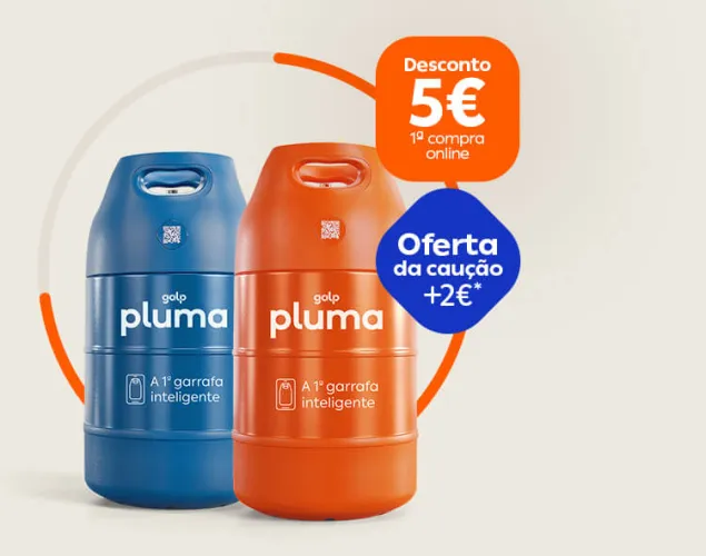 Duas garrafas de gás Galp Pluma (azul e laranja) com destaque para 'Desconto 5€ na 1ª compra online' e 'Oferta da caução +2€*' em fundo claro.