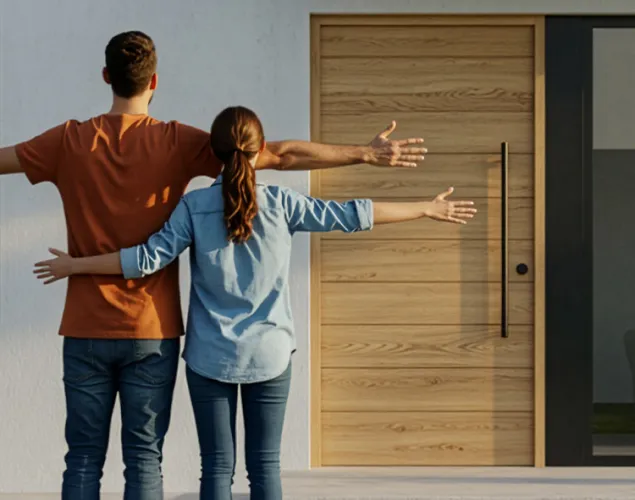 Fotografia de um casal, lado-a-lado, de braços abertos, de frente para a porta de uma casa.