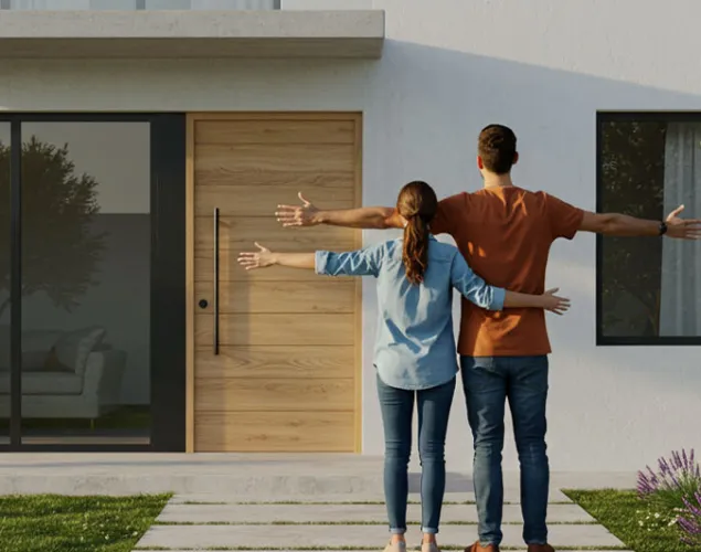 Casal a olhar para uma casa