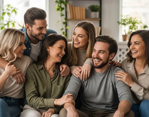 Fotografia de um grupo de amigos sentado num sofá, dentro de uma sala. São dois rapazes e quatro raparigas. 