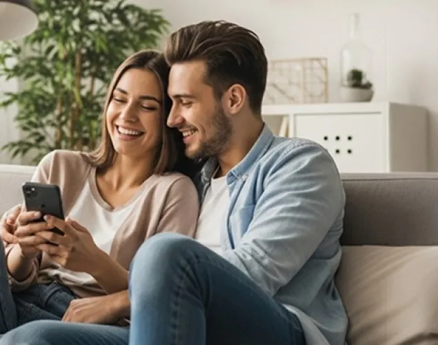Um casal sorridente e abraçado num sofá, a olhar para um smartphone.