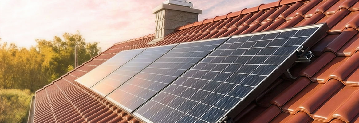 Painéis solares instalados num telhado de telha vermelha, com uma chaminé visível e árvores ao fundo.