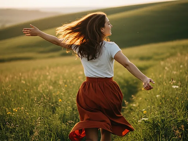 Compromisso sustentabilidade: senhora a correr num campo verde