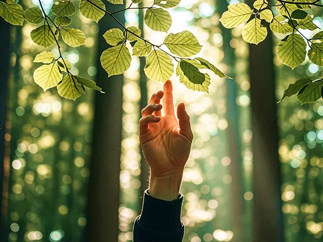 Emissões: mão a tocar numa folha de árvore