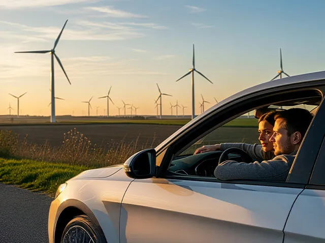 Energia eolica: pessoas dentro de um carro a ver moinhos de vento