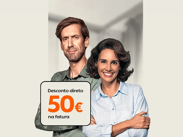 Banner promocional da Galp com duas pessoas e destaque para oferta de 50 euros de desconto direto na fatura de energia.