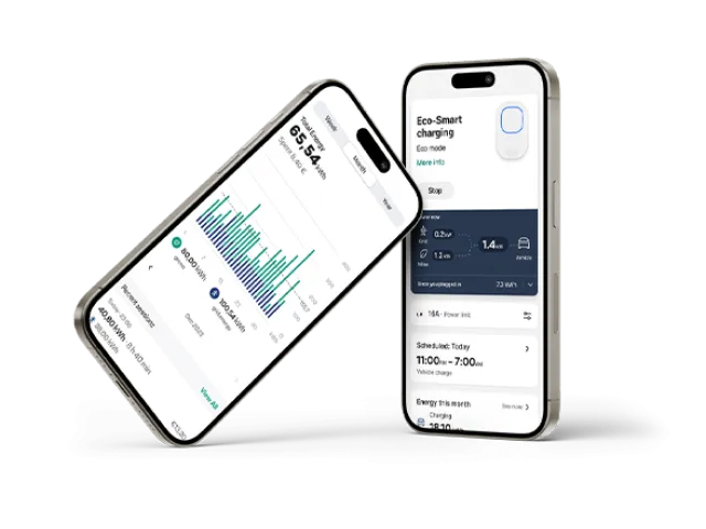 Imagem de dois ecrãs de telemóvel com a app MyWallbox aberta.