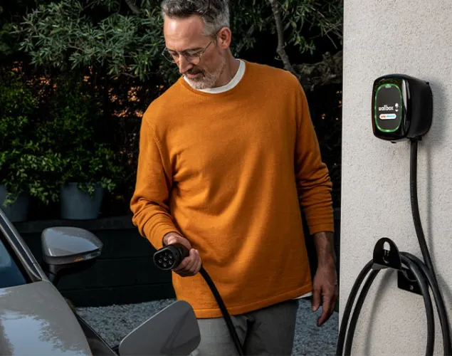 Senhor a carregar o carro elétrico em casa com uma Wallbox