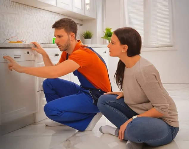 Fotografia de um senhor ao lado de uma senhora a arranjar uma máquina de lavar roupa.