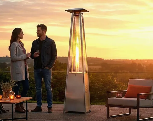 Fotografia de um casal num terraço, em pé, ao lado de um aquecedor exterior Galp.