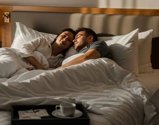 Fotografia de um casal deitado numa cama, aconchegado nos lençóis.