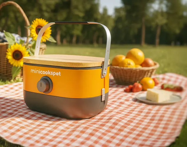 Fotografia de um minicookspot em cima de uma toalha e pic-nic. A tualha está num relvado. Ao fundo vêem-se árvores. Na toalha estão também uma cesta com laranjas, um prato e girassóis.