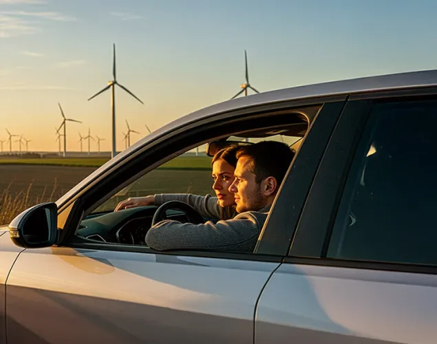 Fotografiade um carro. Como plano de fundo vê-se o pôr-do-dol e vários moinhos eólicos.