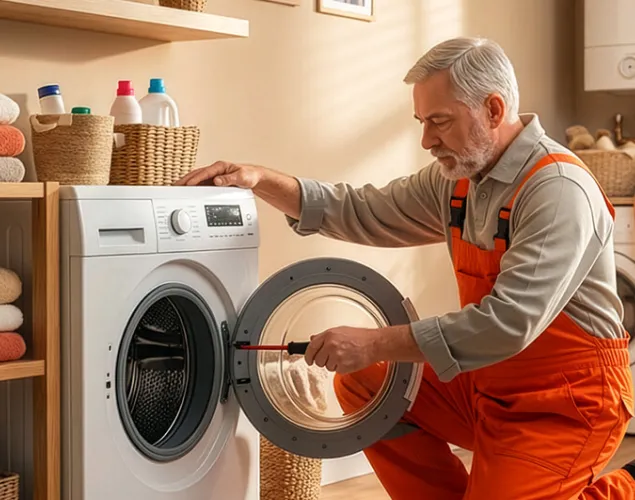 Técnico de reparações de macacão laranja ajoelhado a inspecionar uma máquina de lavar roupa com a porta aberta, numa lavandaria doméstica com prateleiras de toalhas e detergentes.