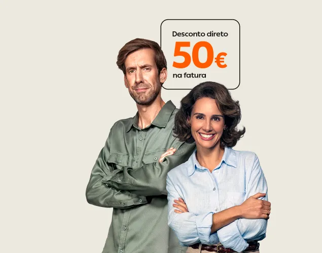 Banner promocional da Galp com duas pessoas e destaque para oferta de 50 euros de desconto direto na fatura de energia.