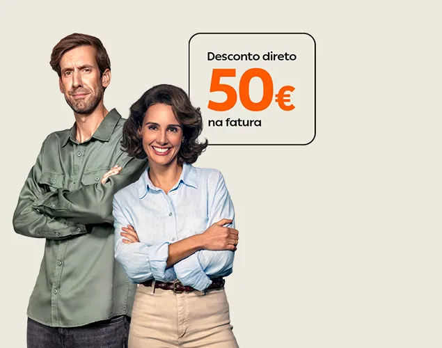 Banner promocional da Galp com duas pessoas e destaque para oferta de 50 euros de desconto direto na fatura de energia.