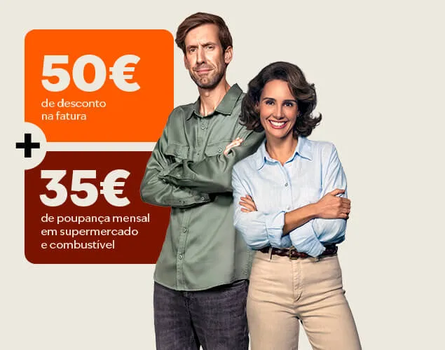 Banner promocional Galp de boas-vindas mostrando um casal profissional e sorridente ao lado de duas caixas de oferta: caixa laranja com "50€ de desconto na fatura" e caixa castanha com "35€ de poupança mensal", sobre fundo bege claro.