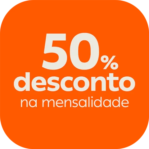 Quadrado de pontas redondas cor-de-laranja, com a frase "50% desconto na mensalidade" inserida a bege.