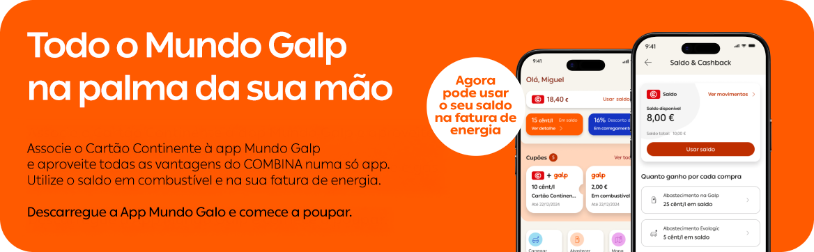 Banner promocional da App Mundo Galp com o texto 'Todo o Mundo Galp na palma da sua mão'. Informa que é possível associar o Cartão Continente à aplicação para aproveitar as vantagens do plano COMBINA e utilizar o saldo em combustível ou na fatura de energia. Mostra dois smartphones com ecrãs da aplicação e a indicação 'Agora pode usar o seu saldo na fatura de energia'.