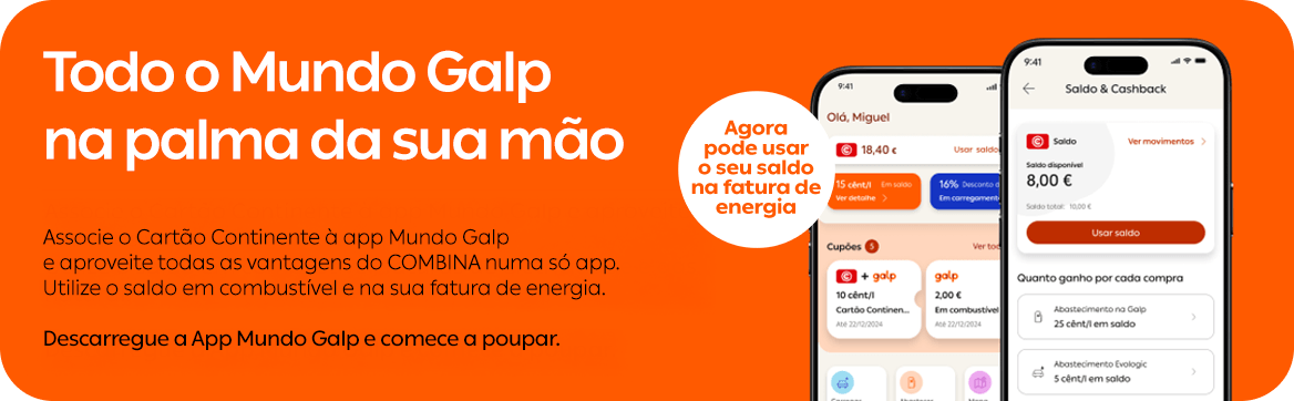 Fundo laranja com mensagem promocional sobre a app Mundo Galp. Texto principal: “Todo o Mundo Galp na palma da sua mão”. Abaixo, descrição indica que é possível associar o Cartão Continente à app para usar saldo em combustível e na fatura de energia. À direita, dois smartphones mostram ecrãs da aplicação com saldo e cashback. Um destaque circular refere que já é possível usar o saldo na fatura de energia.