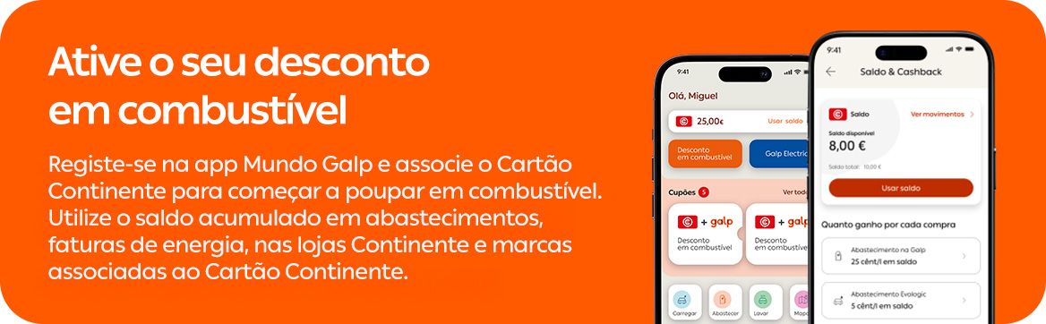Um banner laranja com texto branco que promove a app Mundo Galp, incentivando o registo e a associação do Cartão Continente para poupar em combustível e energia. À direita, dois smartphones exibem ecrãs da app, mostrando saldos, cupões e detalhes de cashback.