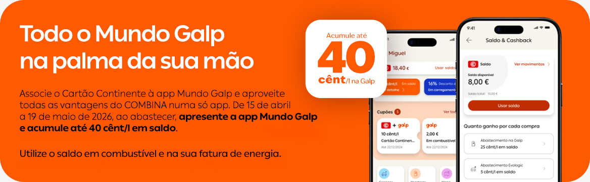 Banner promocional da app Mundo Galp com fundo laranja vibrante e smartphones a mostrar funcionalidades de saldo e cashback. O destaque visual apresenta a mensagem “Todo o Mundo Galp na palma da sua mão” e comunicação sobre associação do Cartão Continente à app para acumular até 40 cêntimos por litro em saldo. A imagem promove vantagens em combustível, descontos Galp, cashback, poupança energética e gestão de saldo através da aplicação móvel Mundo Galp.