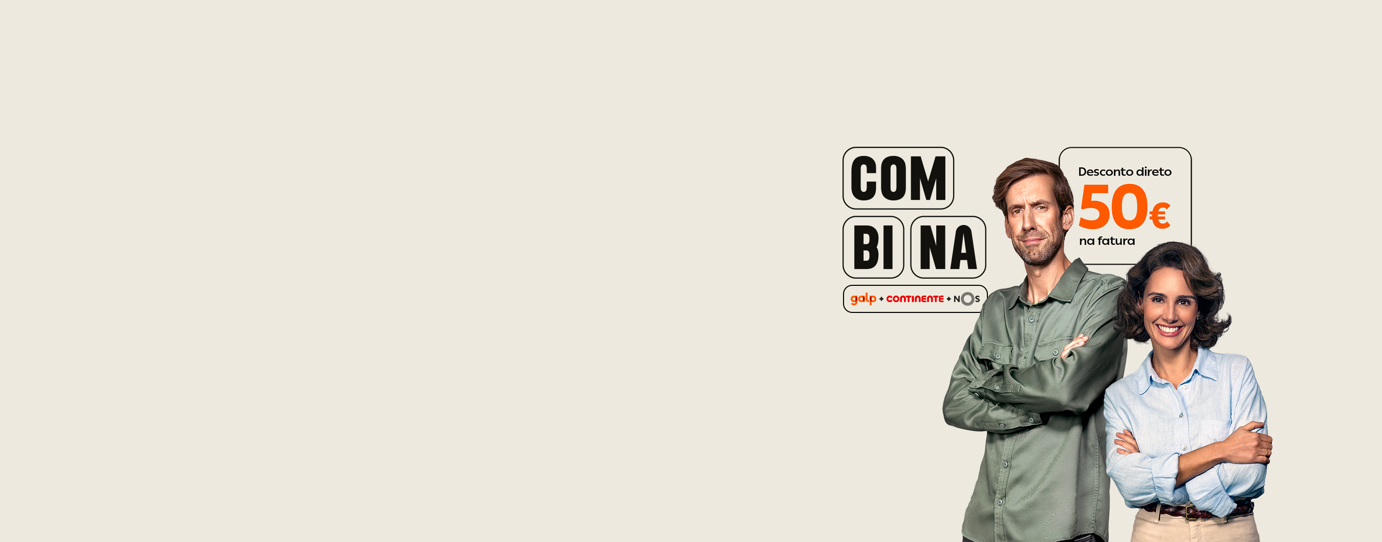 Banner promocional da Galp com duas pessoas e destaque para oferta de 50 euros de desconto direto na fatura de energia.