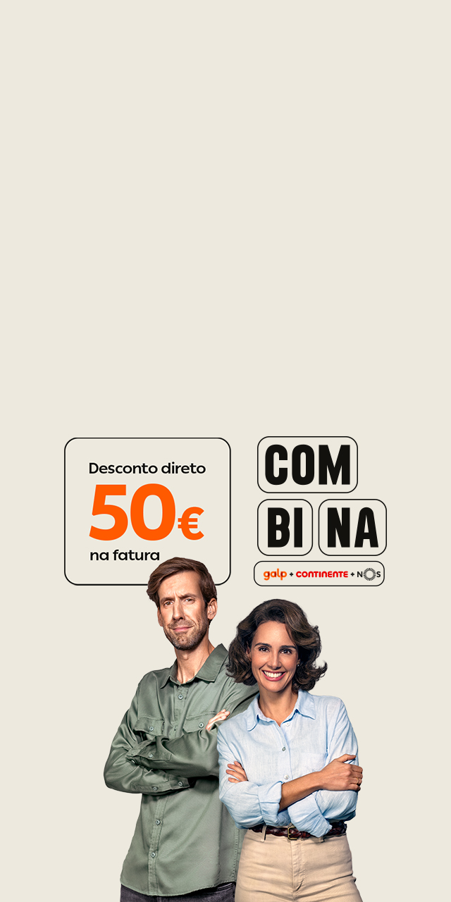 Banner promocional da Galp com duas pessoas e destaque para oferta de 50 euros de desconto direto na fatura de energia.