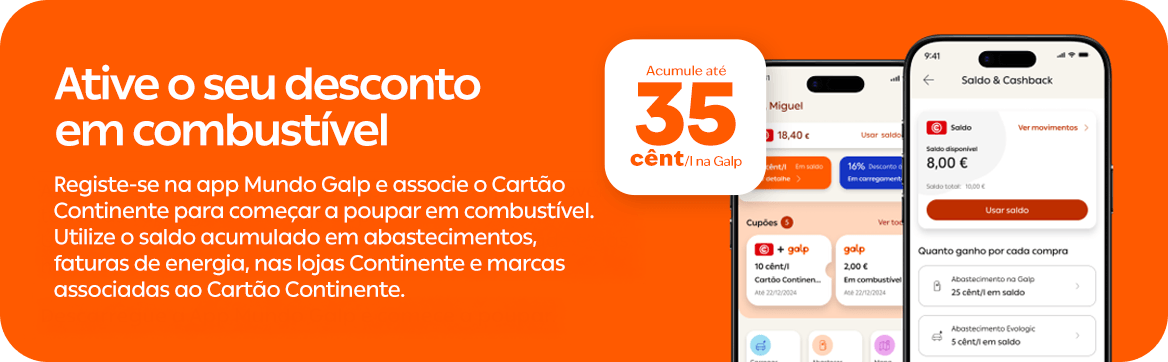 Banner da app Mundo Galp que incentiva a ativação de descontos em combustível, com acumulação até 35 cêntimos por litro em saldo.