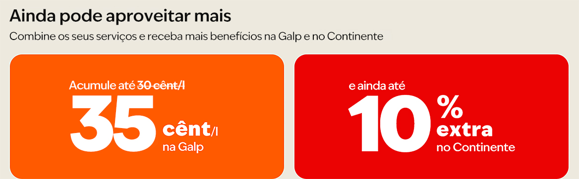 Banner promocional da Galp com oferta de acumulação até 35 cêntimos por litro em combustível e até 10% extra em compras no Continente.