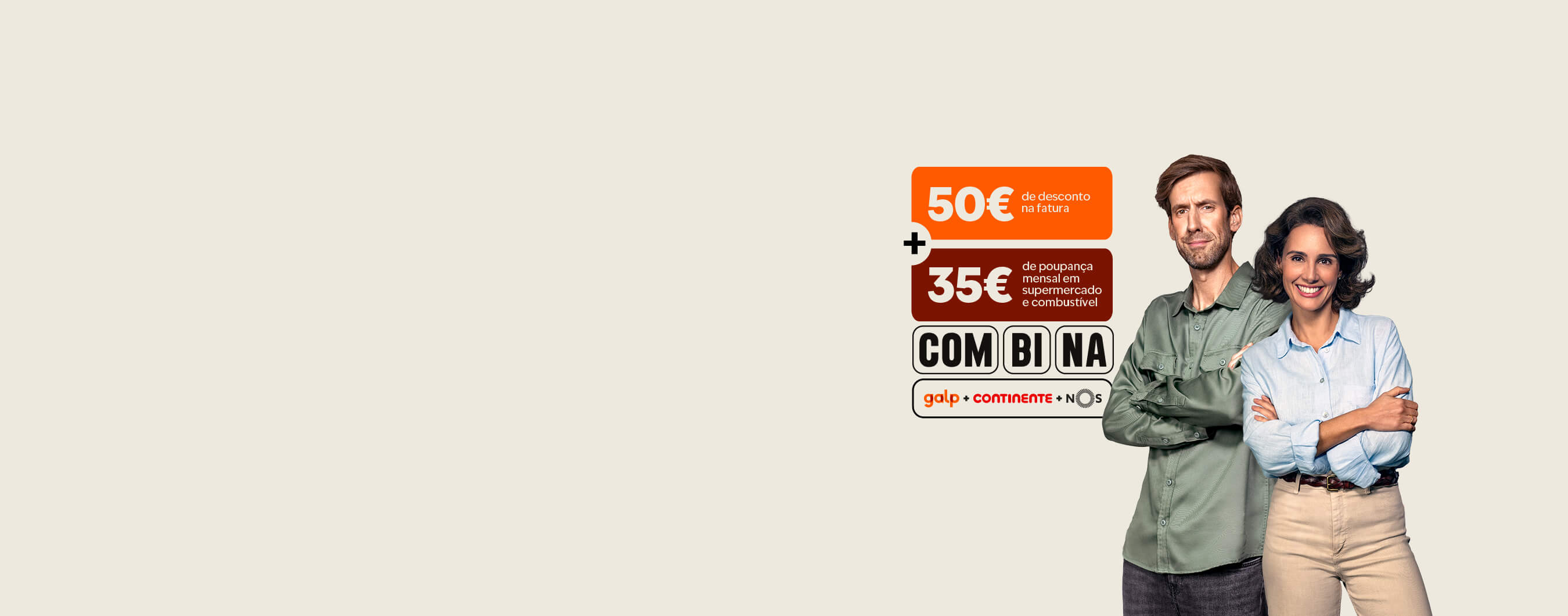 Banner promocional Galp de boas-vindas mostrando um casal profissional e sorridente ao lado de duas caixas de oferta: caixa laranja com "50€ de desconto na fatura" e caixa castanha com "35€ de poupança mensal", sobre fundo bege claro.