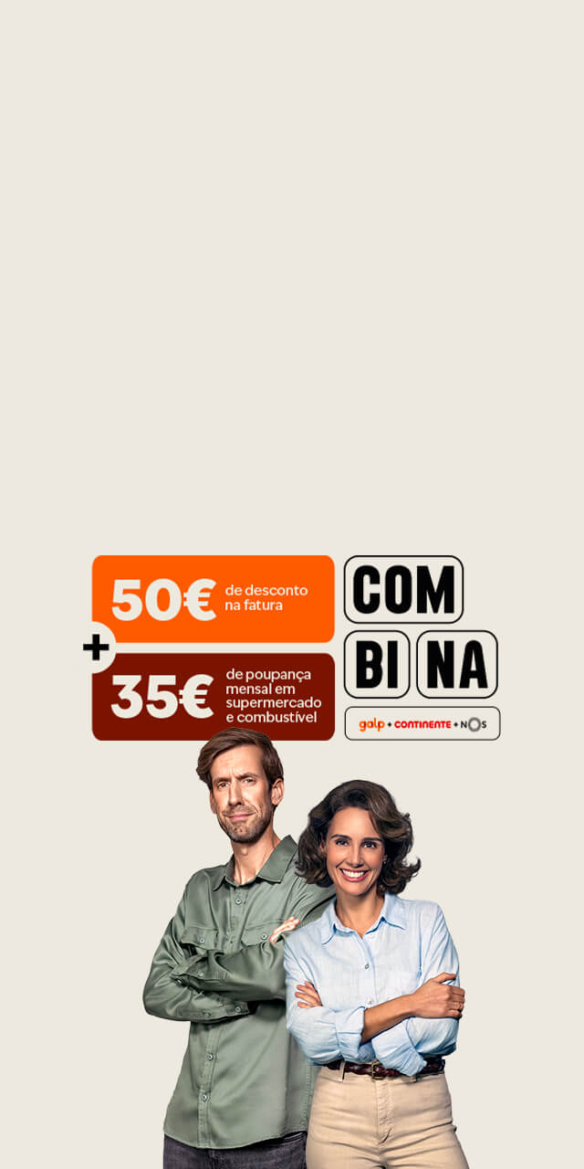 Banner promocional Galp de boas-vindas mostrando um casal profissional e sorridente ao lado de duas caixas de oferta: caixa laranja com "50€ de desconto na fatura" e caixa castanha com "35€ de poupança mensal", sobre fundo bege claro.