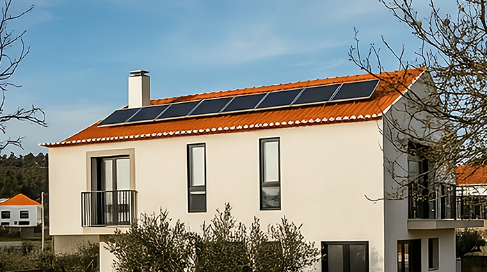 Exterior de uma casa com paredes brancas e telhado triangular, laranja. Tem vários painéis solares no topo.